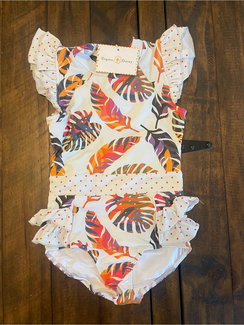 Oopsie Daisy Girls' White Tropical Leaf One-Piece Swimsuit